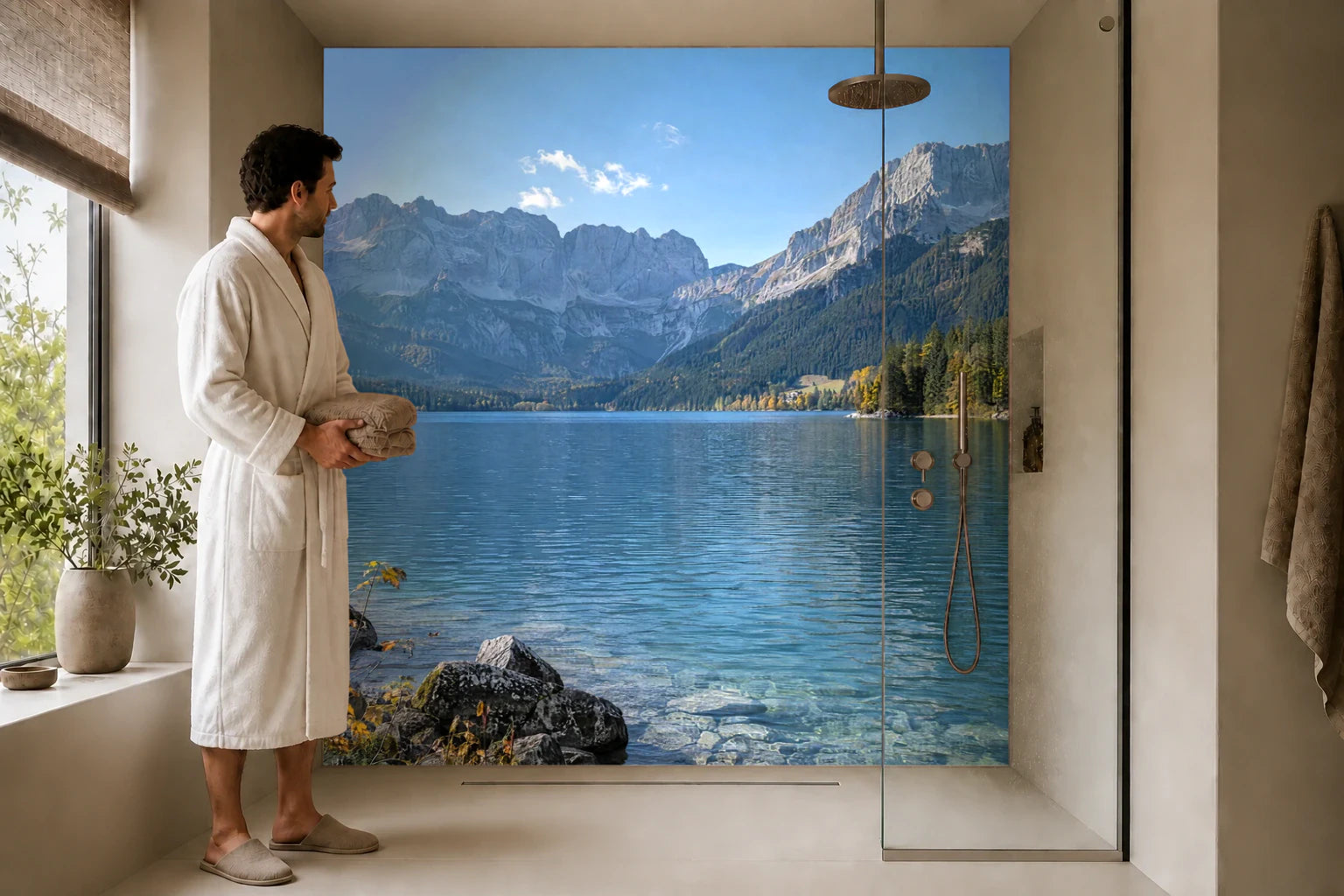 Duschrückwand „Alpensee unter hellen Kalkgraten“ in einer Dusche mit einem Mann im Bademantel
