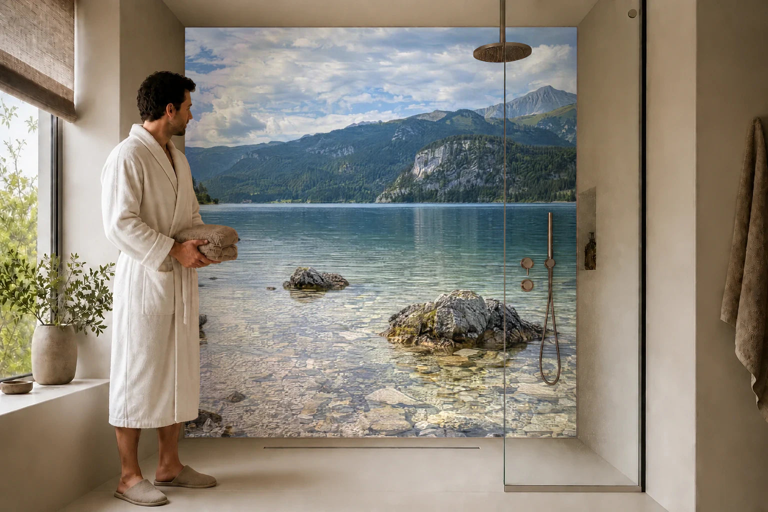Duschrückwand „Felsufer vor spätsommerlichen Bergen“ in einer Dusche mit einem Mann im Bademantel