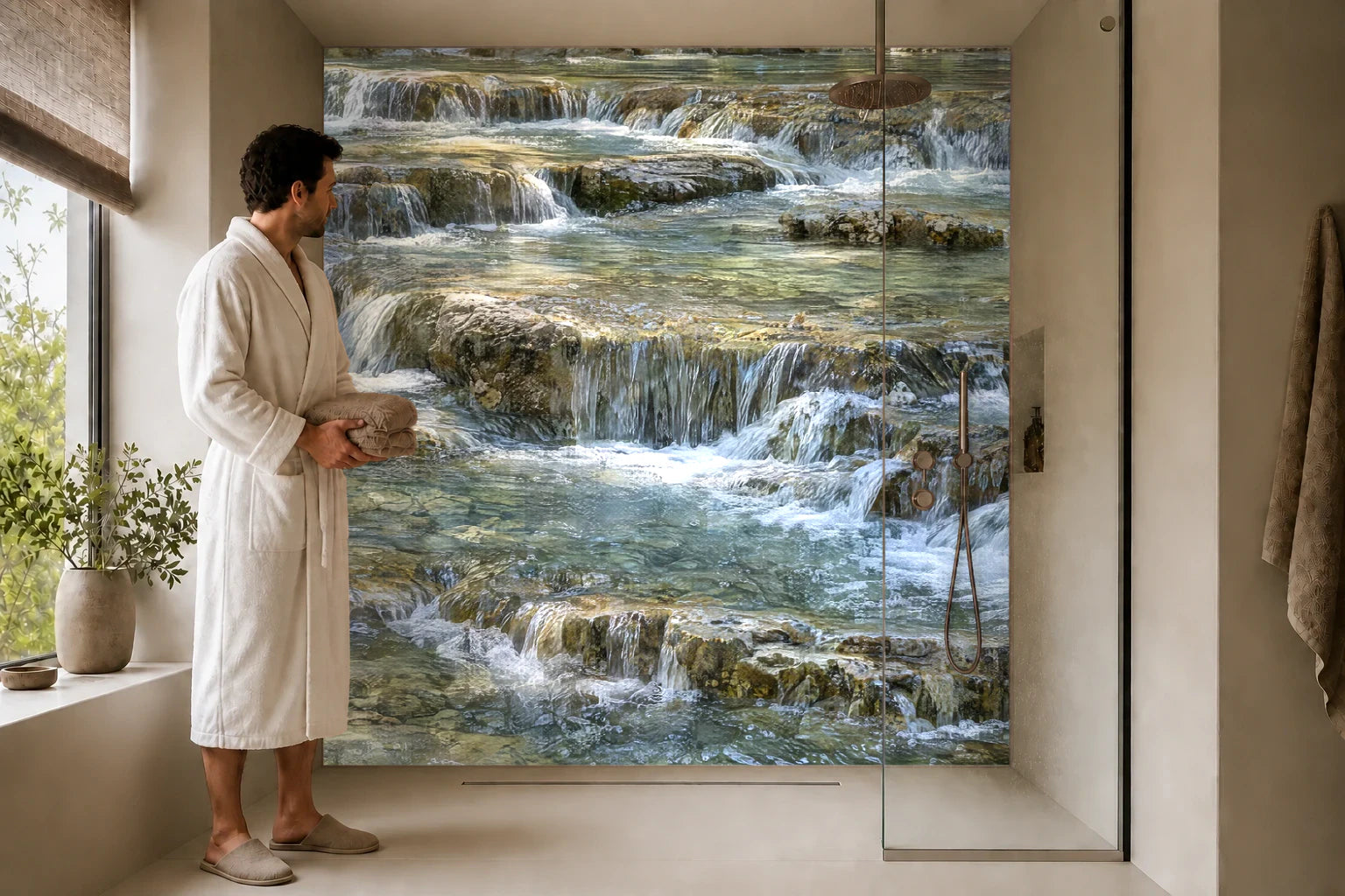 Duschrückwand „Quellstufen unter lichten Laubbäumen“ in einer Dusche mit einem Mann im Bademantel