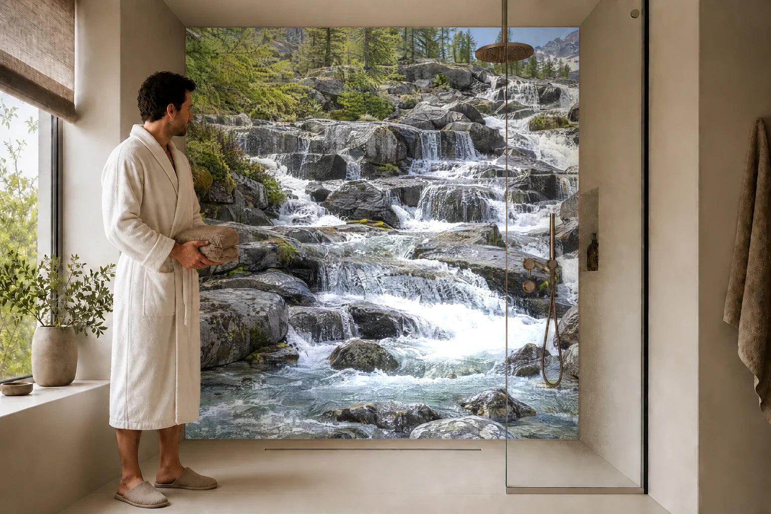 Duschrückwand „Gebirgsbach über gestuften Felsen“ in einer Dusche mit einem Mann im Bademantel
