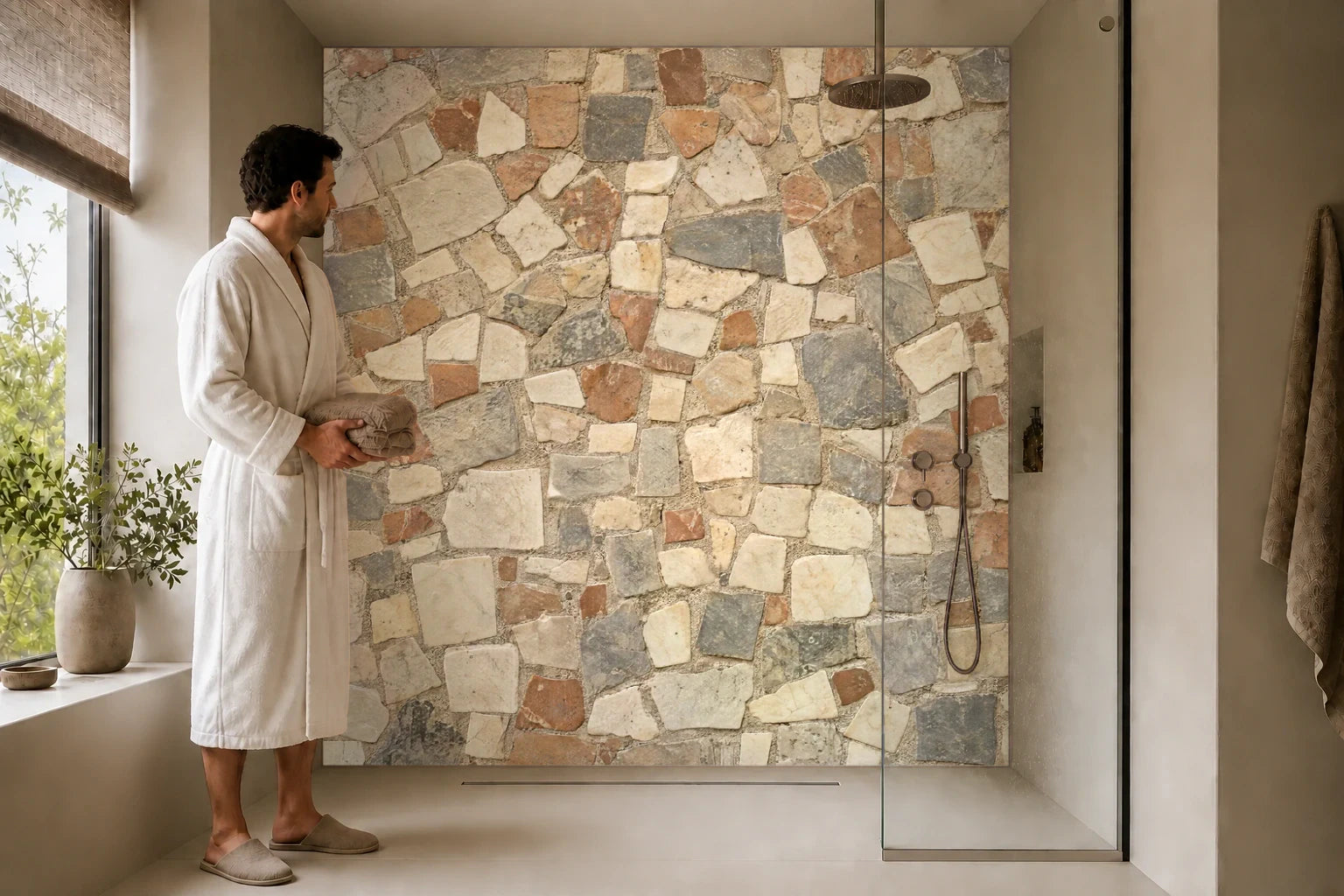 Duschrückwand „Kleine Steinmosaike in Creme und Rauch“ in einer Dusche mit einem Mann im Bademantel