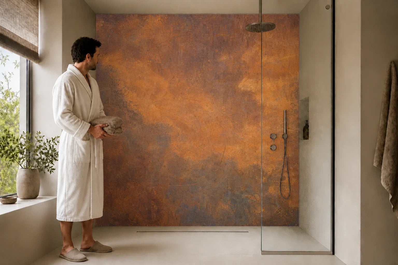 Duschrückwand „Eisenpatina in Umbra und Orange“ in einer Dusche mit einem Mann im Bademantel