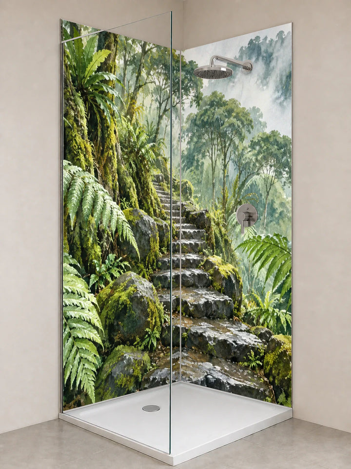 Duschrückwand „Moostreppe im Regenwald – Aquarell“ als installierte Rückwand in einer hellen Dusche