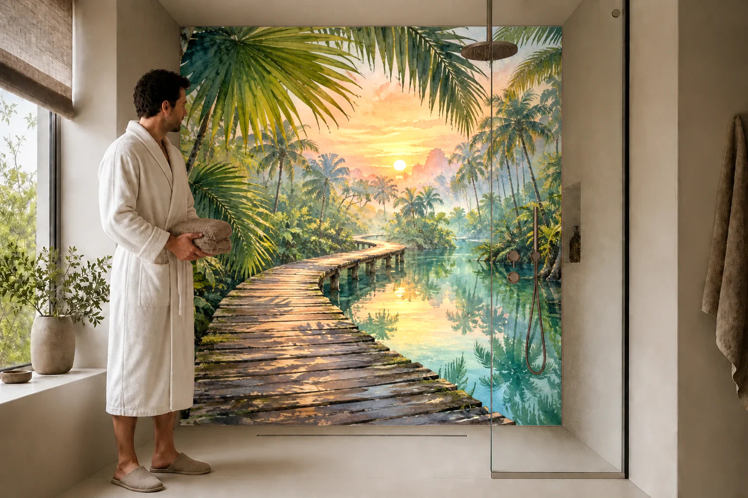 Duschrückwand „Steg unter Fächerpalmen – Aquarell“ in einer Dusche mit einem Mann im Bademantel