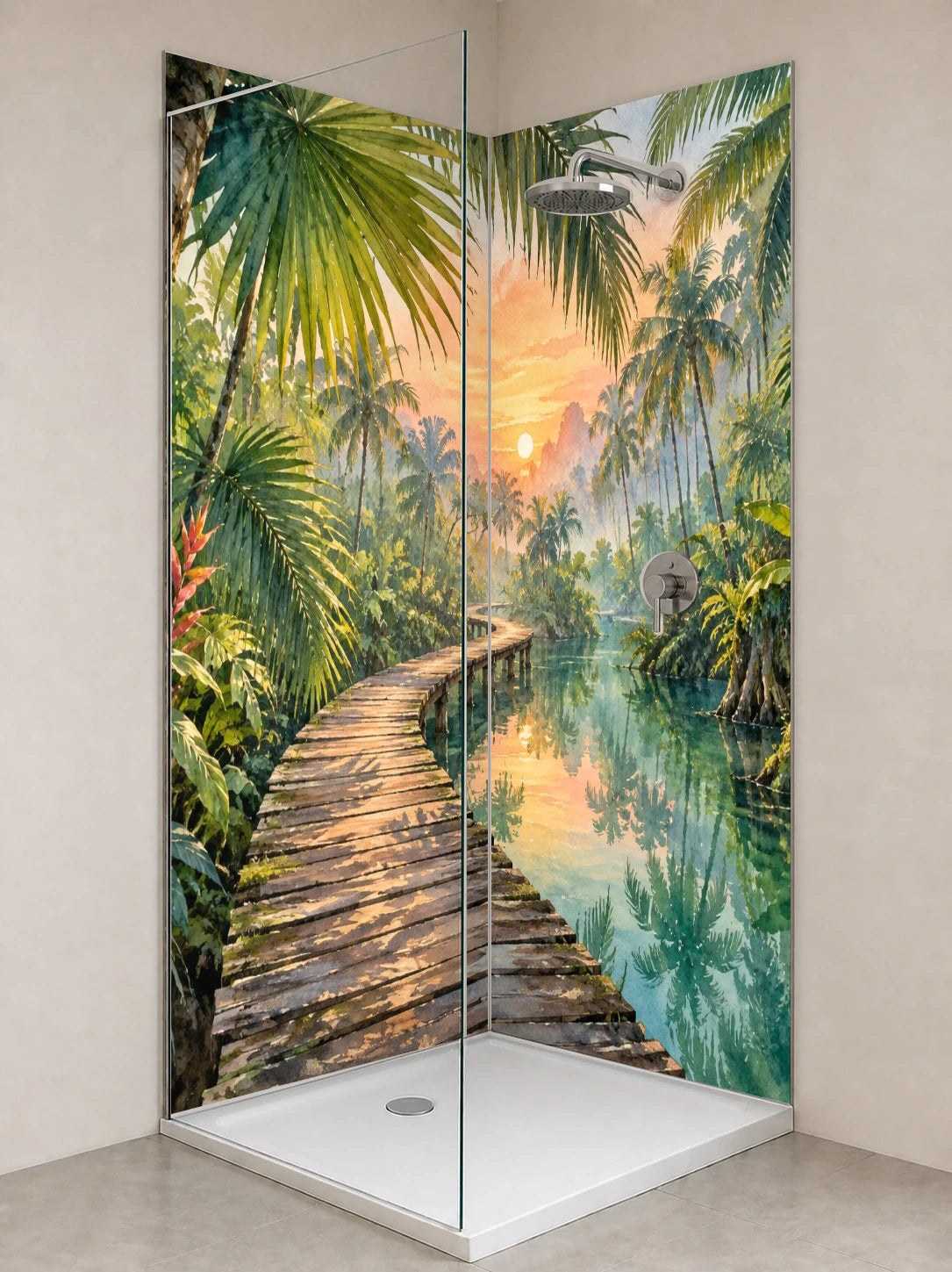 Duschrückwand „Steg unter Fächerpalmen – Aquarell“ als installierte Rückwand in einer hellen Dusche