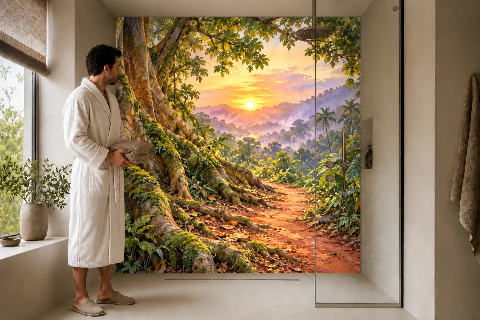 Duschrückwand „Pfad an großen Brettwurzeln – Aquarell“ in einer Dusche mit einem Mann im Bademantel