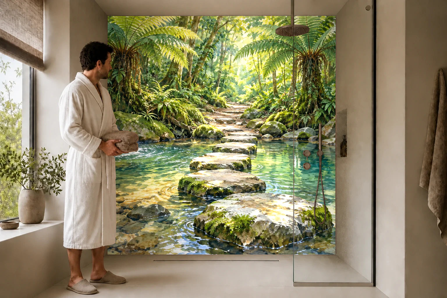 Duschrückwand „Trittsteine im Farnwald – Aquarell“ in einer Dusche mit einem Mann im Bademantel
