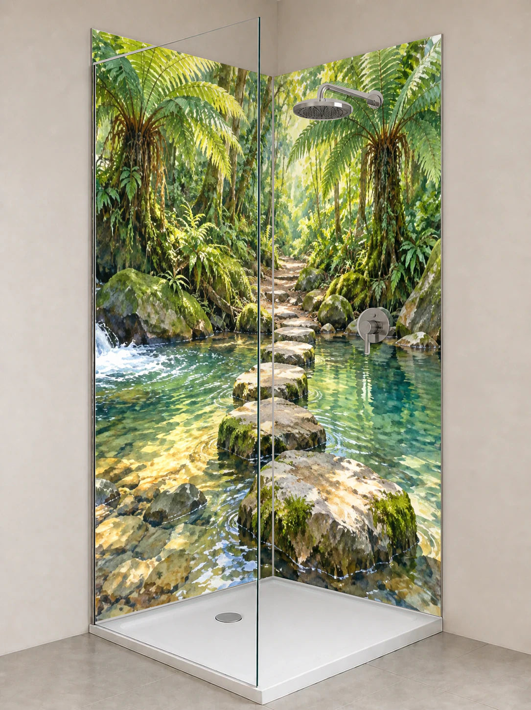 Duschrückwand „Trittsteine im Farnwald – Aquarell“ als installierte Rückwand in einer hellen Dusche