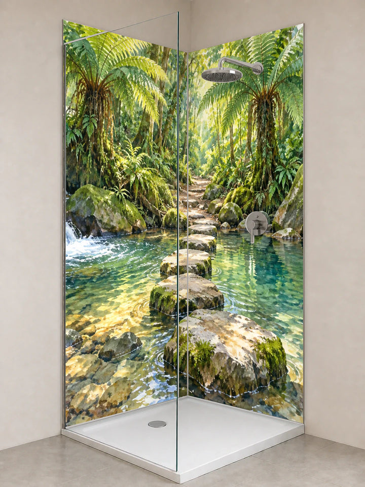 Duschrückwand „Trittsteine im Farnwald – Aquarell“ als installierte Rückwand in einer hellen Dusche