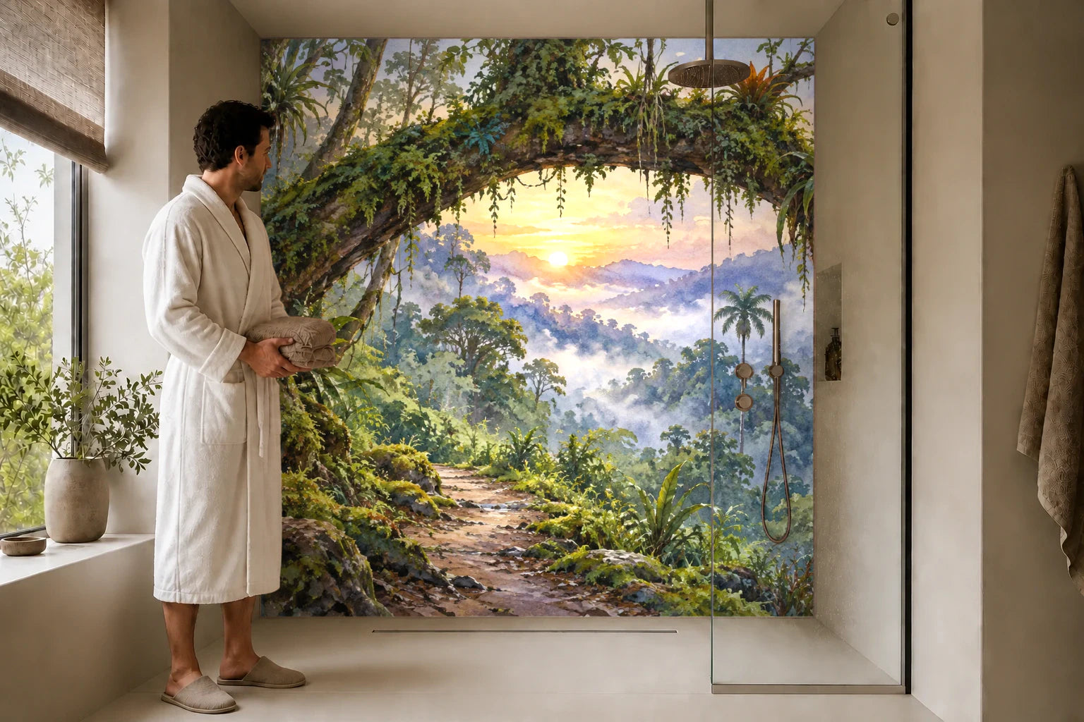 Duschrückwand „Morgenpfad im Nebelwald – Aquarell“ in einer Dusche mit einem Mann im Bademantel