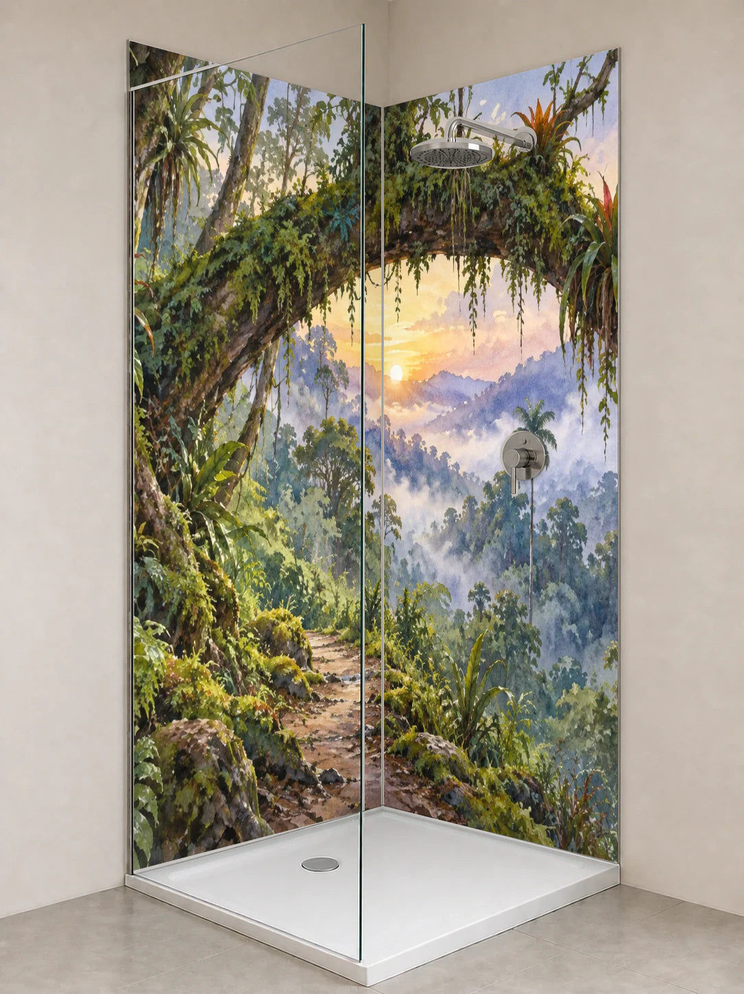 Duschrückwand „Morgenpfad im Nebelwald – Aquarell“ als installierte Rückwand in einer hellen Dusche