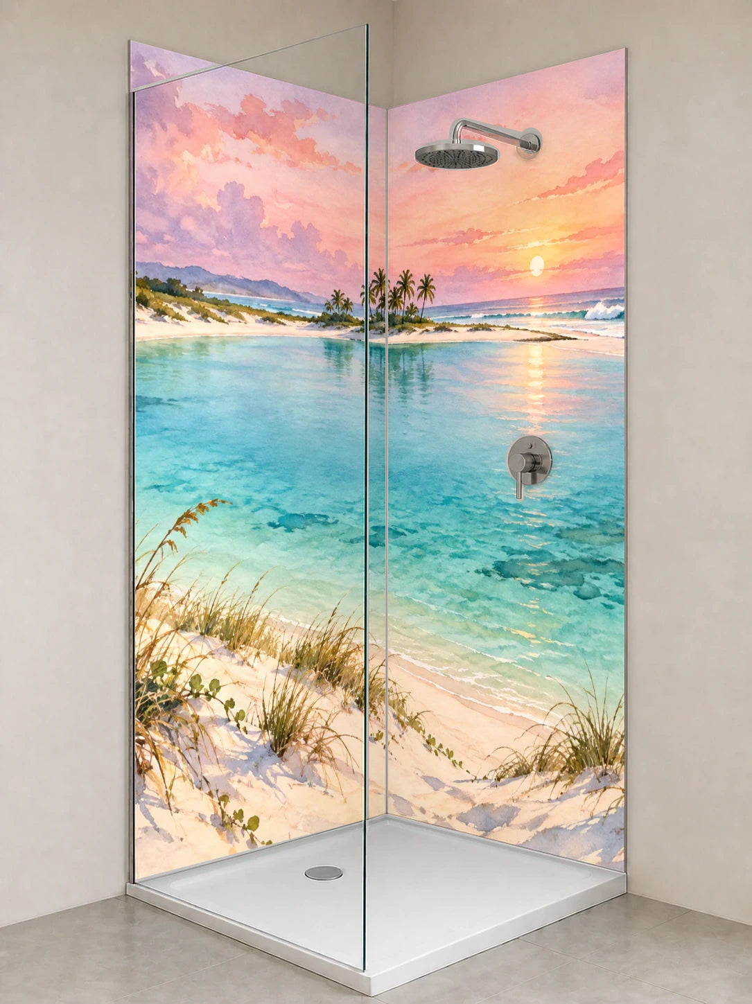 Duschrückwand „Dünenbogen an der Lagune – Aquarell“ als installierte Rückwand in einer hellen Dusche