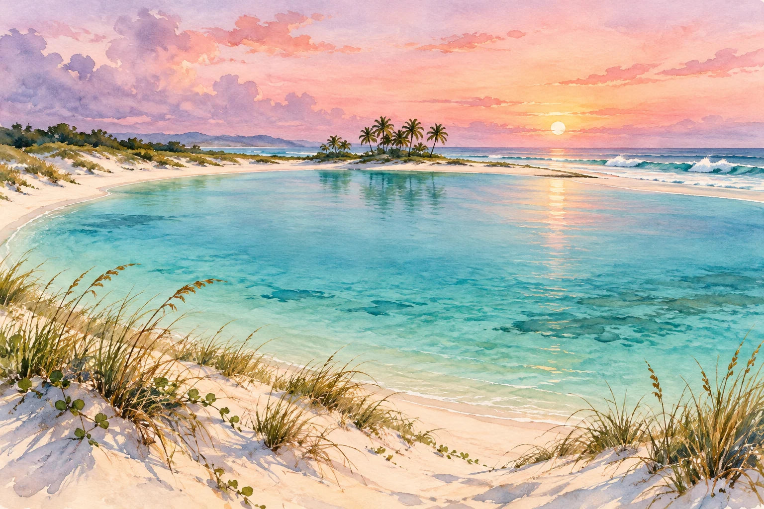 Motivvorschau „Dünenbogen an der Lagune – Aquarell“ für Duschrückwand
