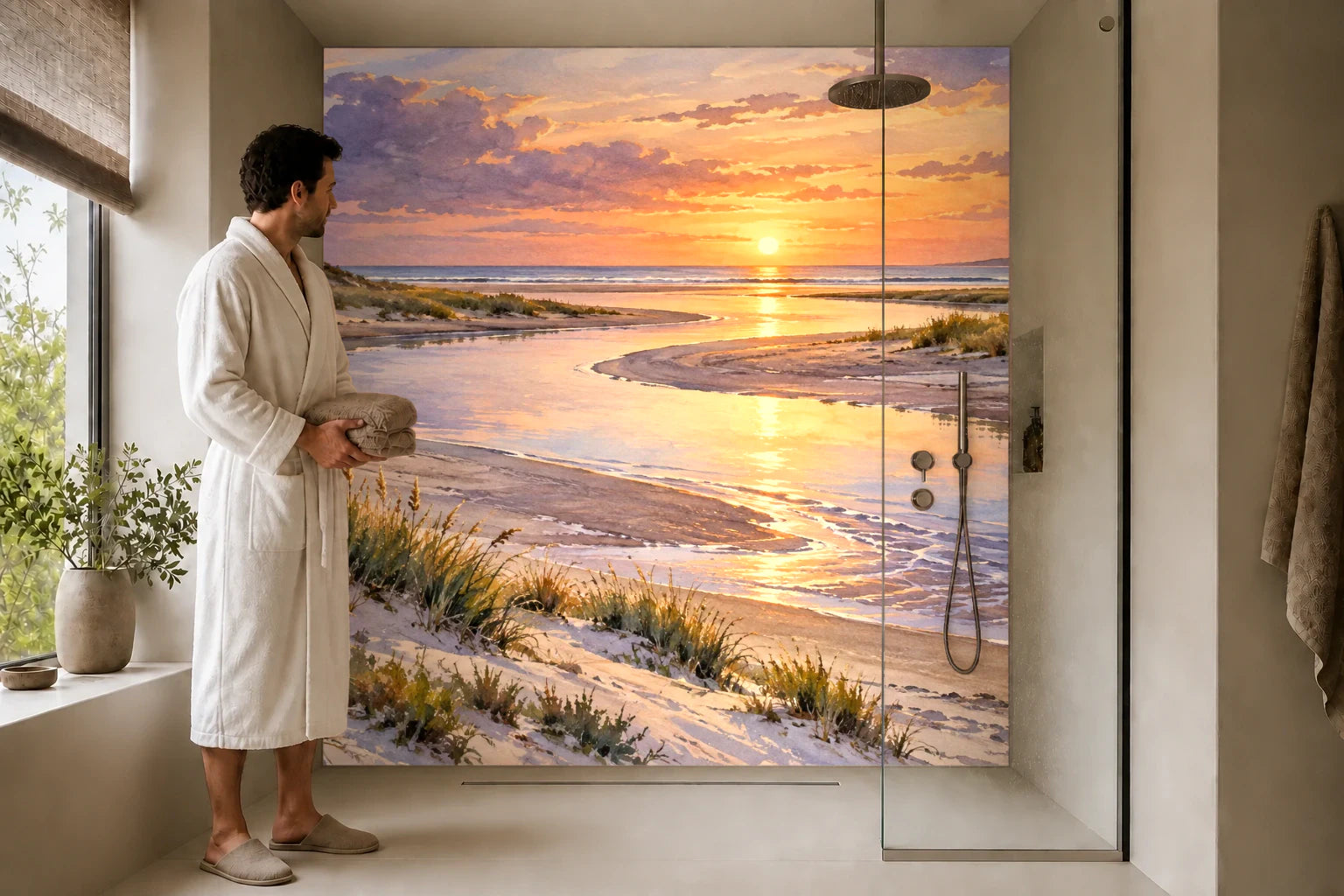 Duschrückwand „Priel zwischen den Dünen – Aquarell“ in einer Dusche mit einem Mann im Bademantel