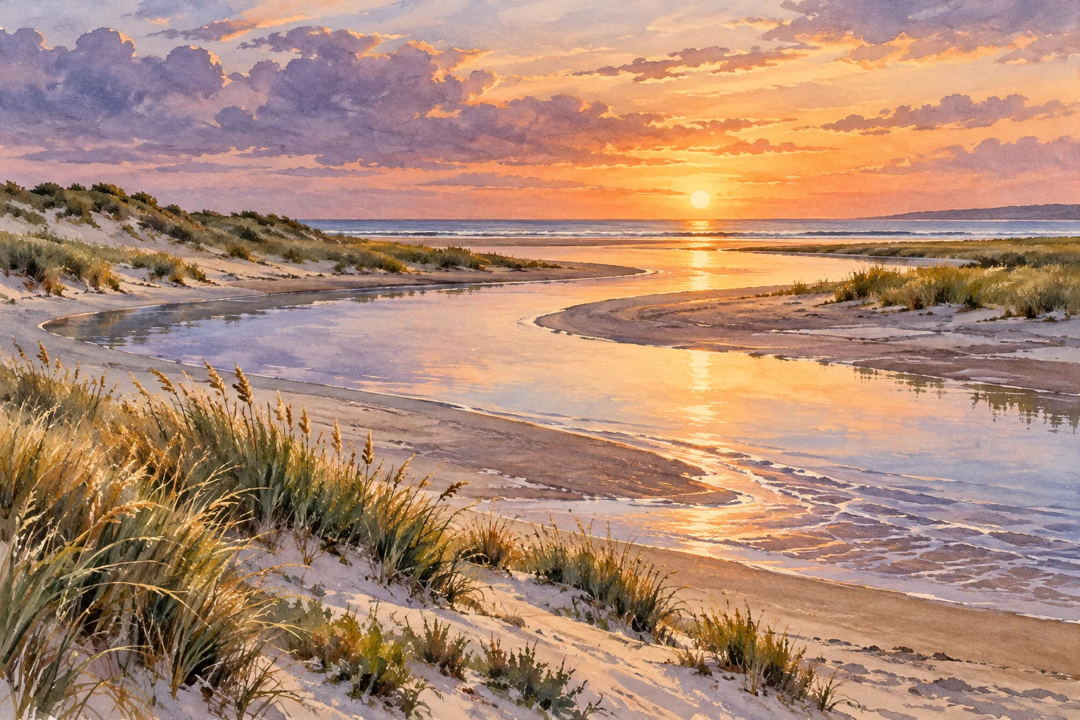 Motivvorschau „Priel zwischen den Dünen – Aquarell“ für Duschrückwand