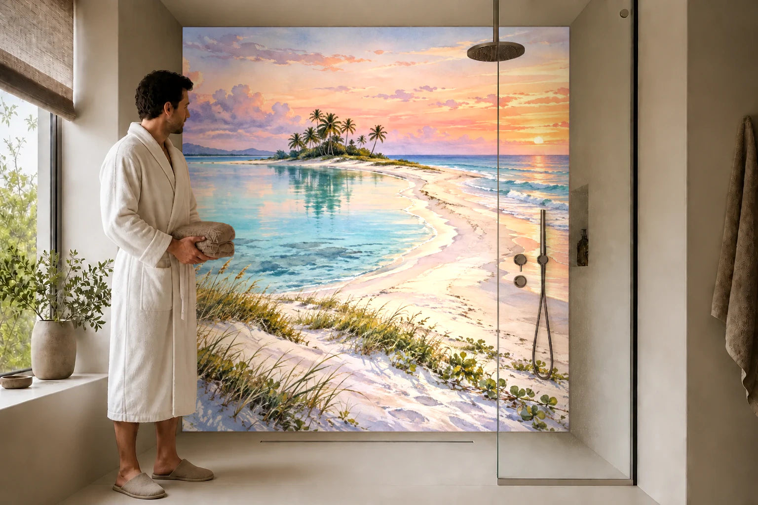 Duschrückwand „Sandzunge vor Palmen – Aquarell“ in einer Dusche mit einem Mann im Bademantel
