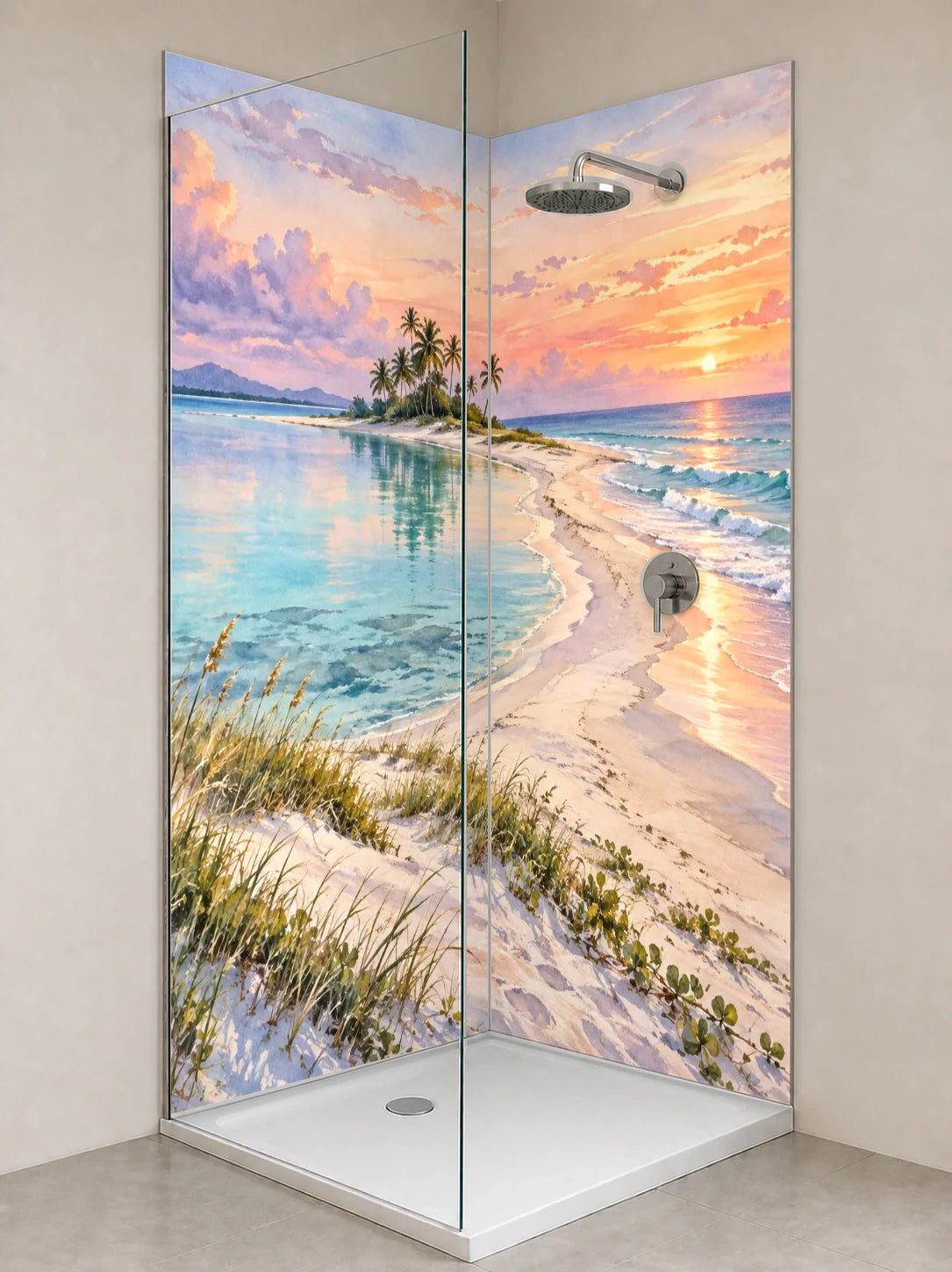 Duschrückwand „Sandzunge vor Palmen – Aquarell“ als installierte Rückwand in einer hellen Dusche