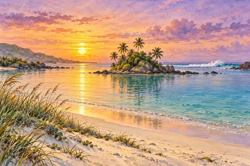 Motivvorschau „Abendlagune hinter den Dünen – Aquarell“ für Duschrückwand