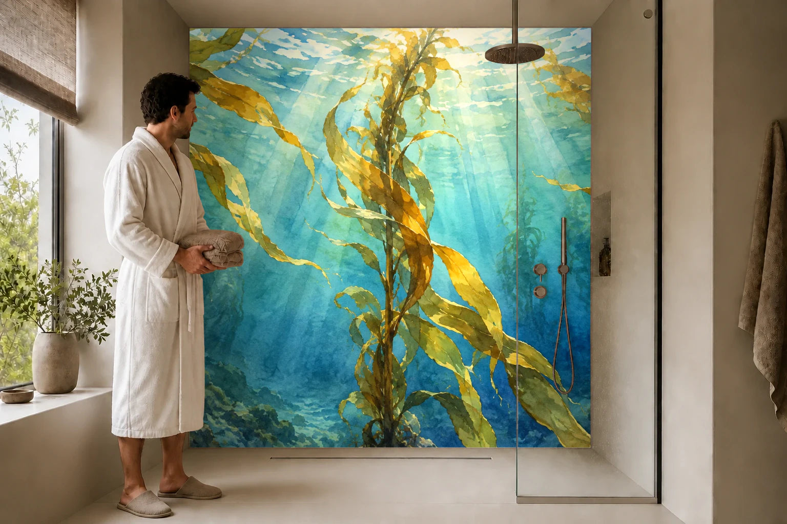 Duschrückwand „Tangwald im Wasserlicht – Aquarell“ in einer Dusche mit einem Mann im Bademantel