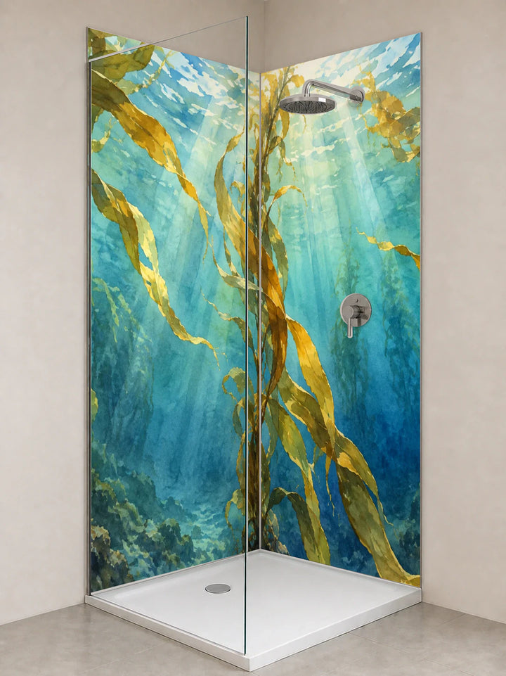 Duschrückwand „Tangwald im Wasserlicht – Aquarell“ als installierte Rückwand in einer hellen Dusche