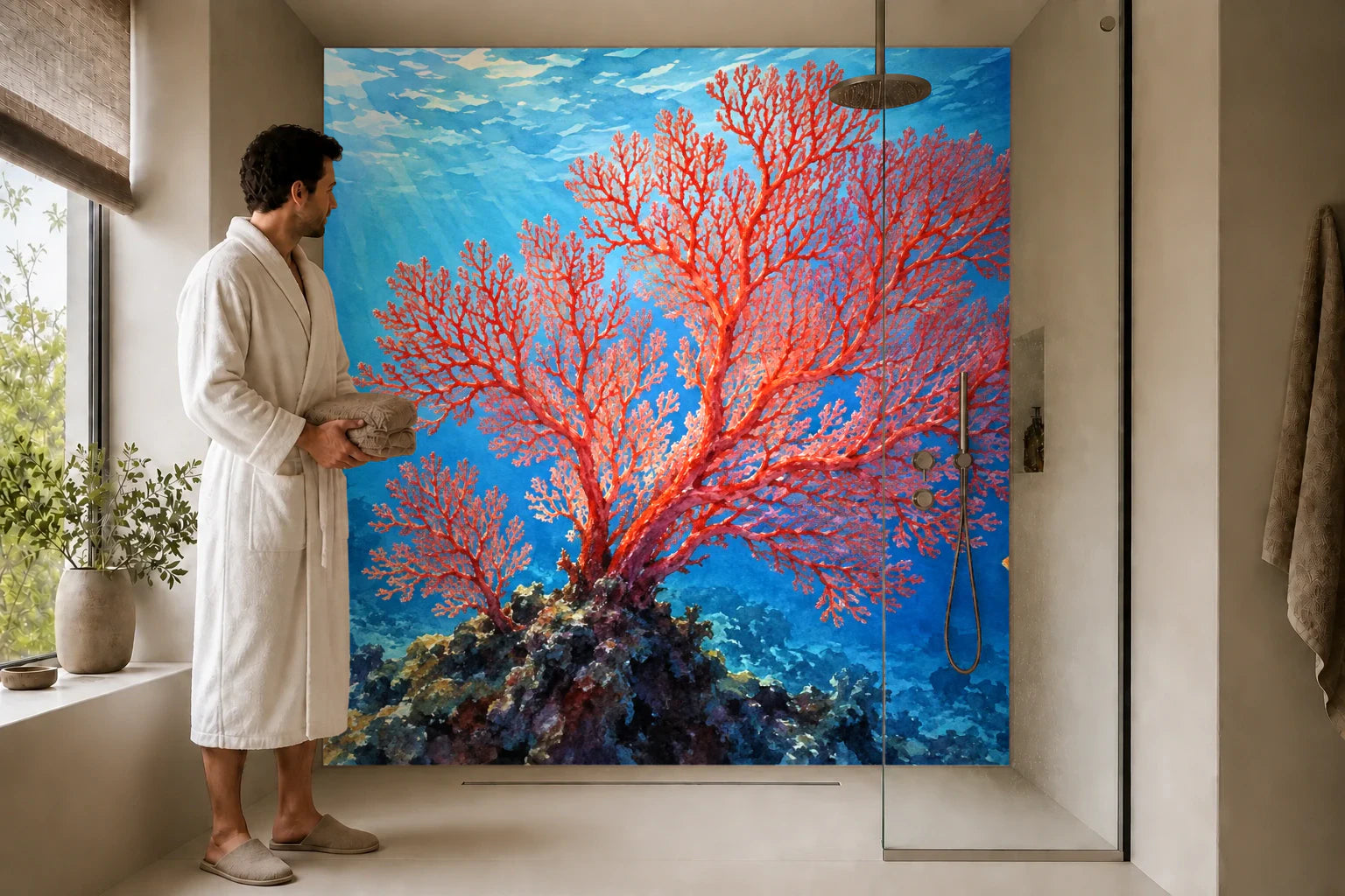 Duschrückwand „Roter Korallenfächer – Aquarell“ in einer Dusche mit einem Mann im Bademantel