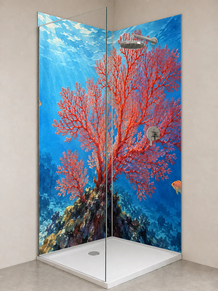 Duschrückwand „Roter Korallenfächer – Aquarell“ als installierte Rückwand in einer hellen Dusche
