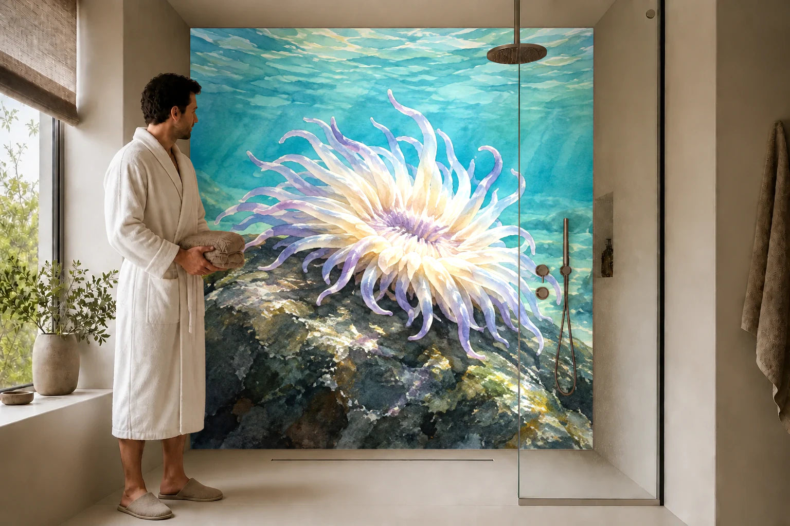 Duschrückwand „Seeanemone im Türkiswasser – Aquarell“ in einer Dusche mit einem Mann im Bademantel