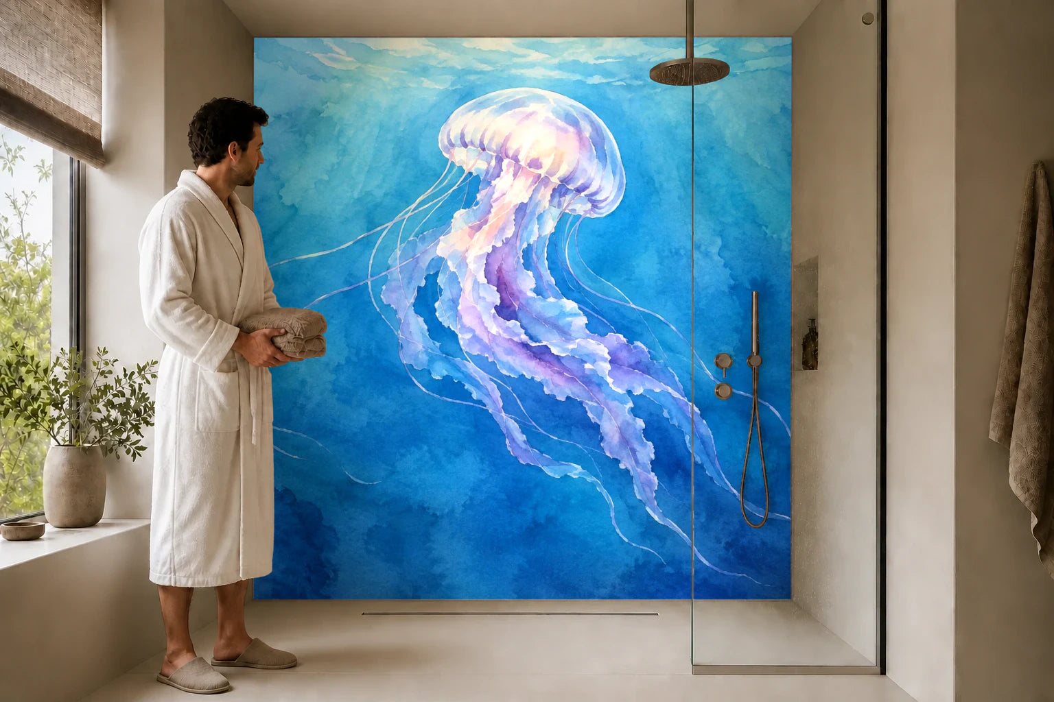 Duschrückwand „Qualle in blauer Tiefe – Aquarell“ in einer Dusche mit einem Mann im Bademantel