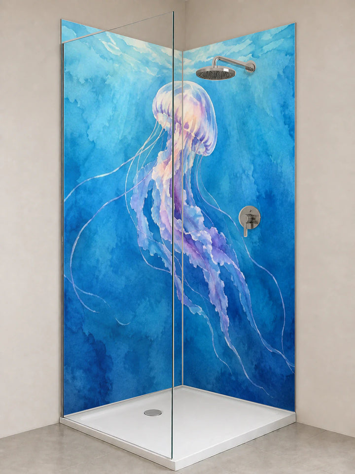 Duschrückwand „Qualle in blauer Tiefe – Aquarell“ als installierte Rückwand in einer hellen Dusche