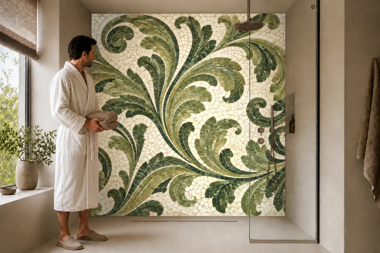 Duschrückwand „Akanthusranken aus Stein – Mosaik“ in einer Dusche mit einem Mann im Bademantel