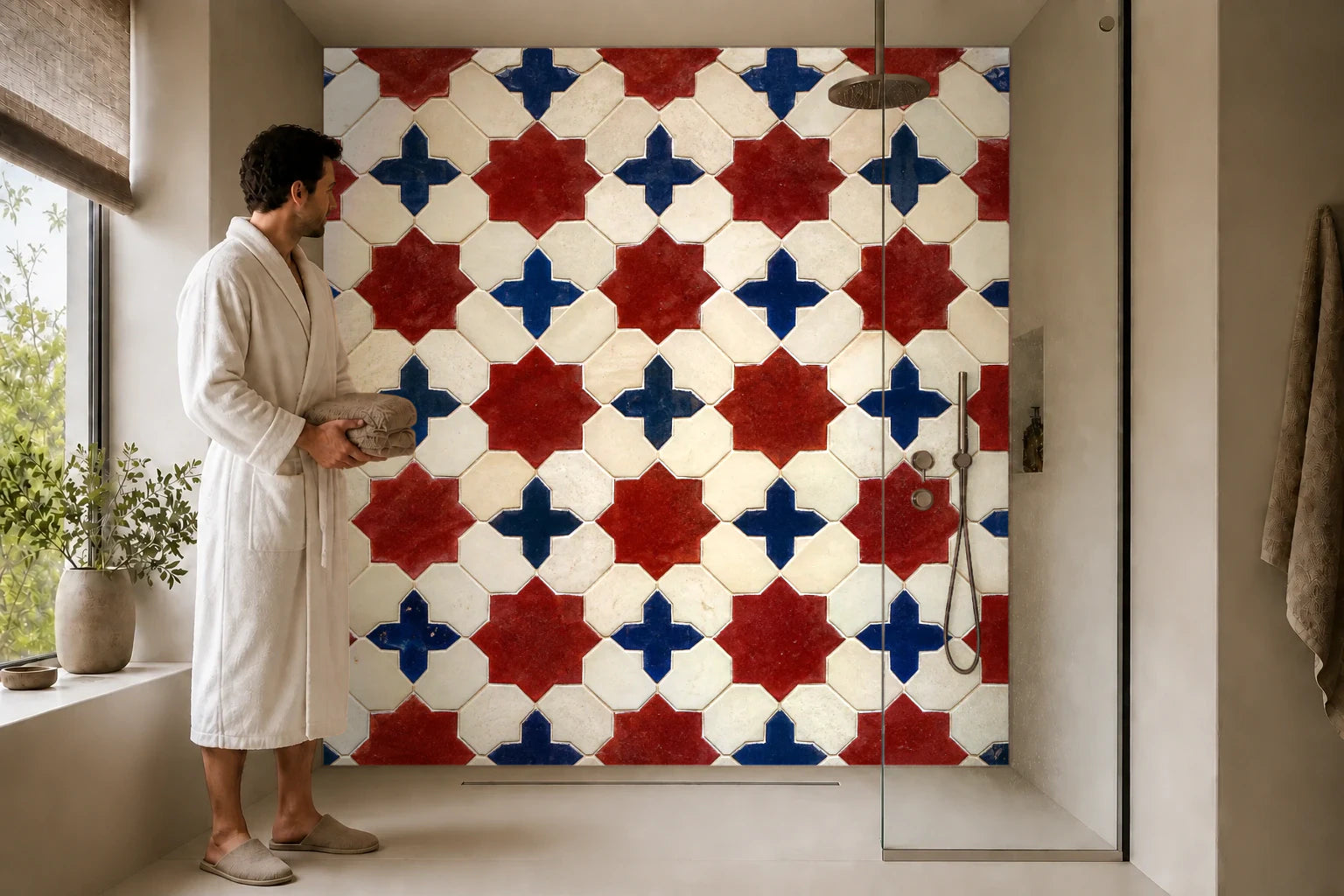 Duschrückwand „Achtstern in Ziegelrot und Elfenbein – Mosaik“ in einer Dusche mit einem Mann im Bademantel