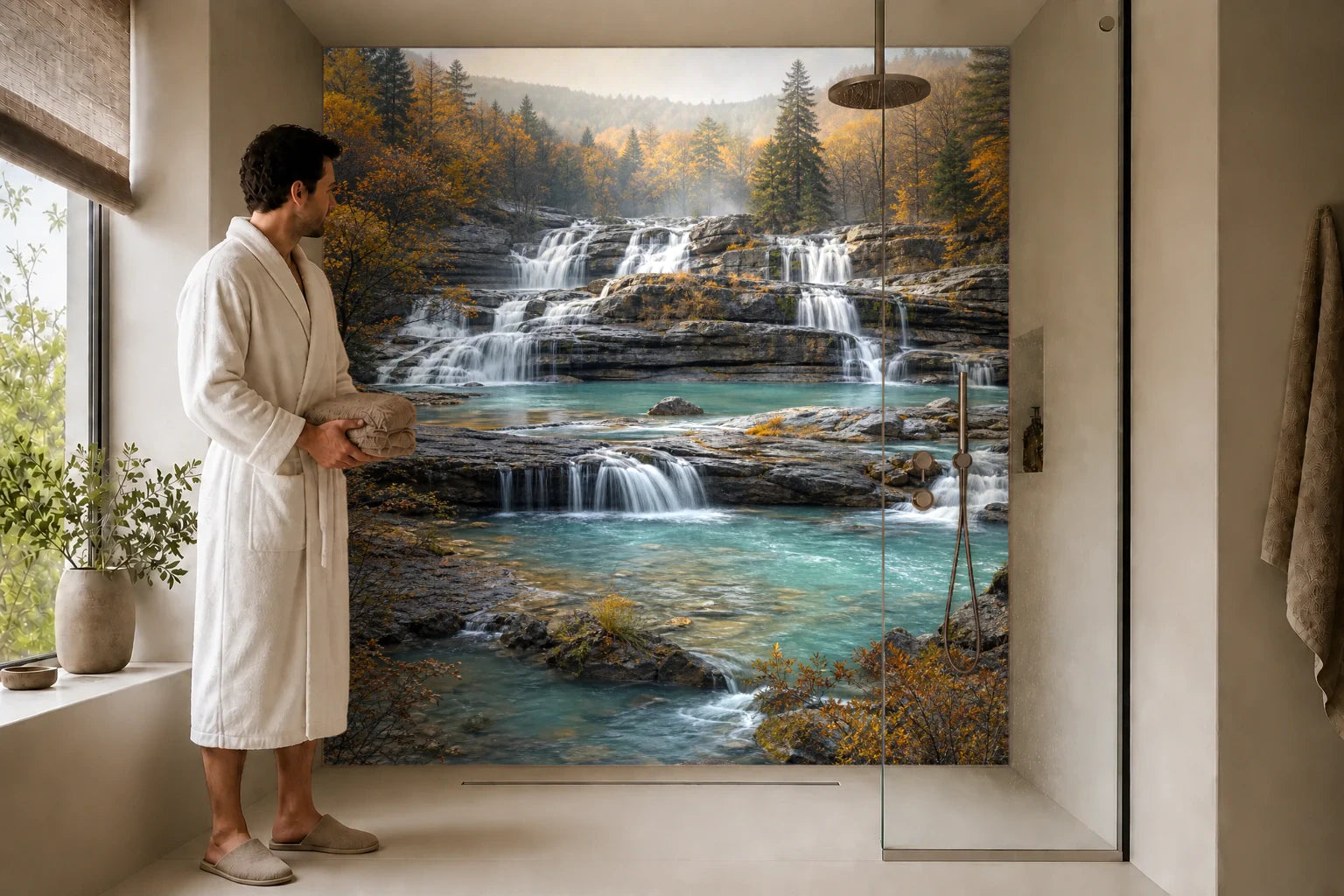 Duschrückwand „Herbsttürkis am Felswasserfall“ in einer Dusche mit einem Mann im Bademantel