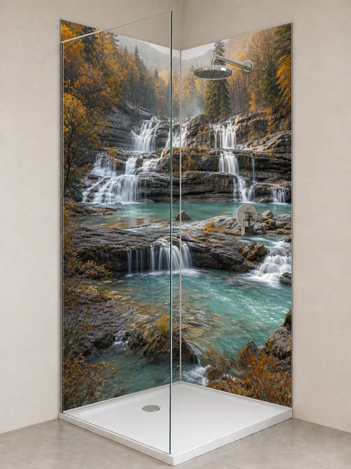 Duschrückwand „Herbsttürkis am Felswasserfall“ als installierte Rückwand in einer hellen Dusche