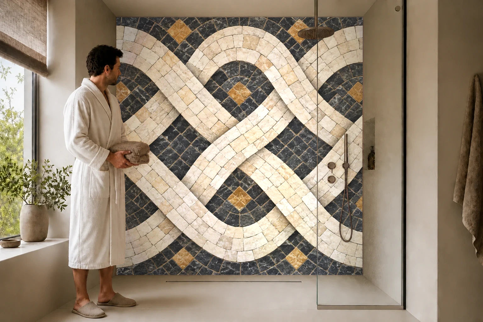Duschrückwand „Verflochtene Steinbänder – Mosaik“ in einer Dusche mit einem Mann im Bademantel