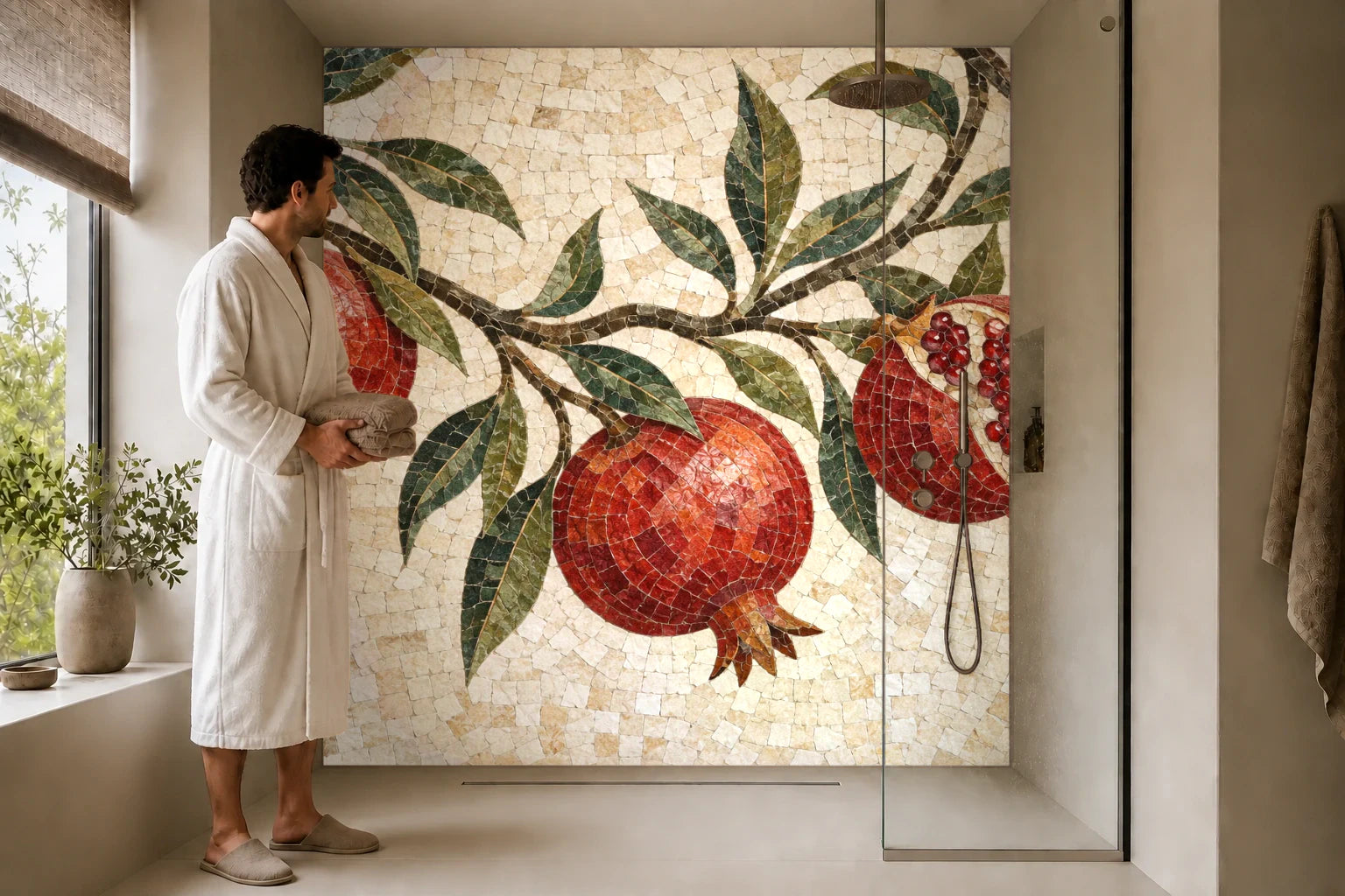 Duschrückwand „Granatapfelzweige im Mosaik“ in einer Dusche mit einem Mann im Bademantel