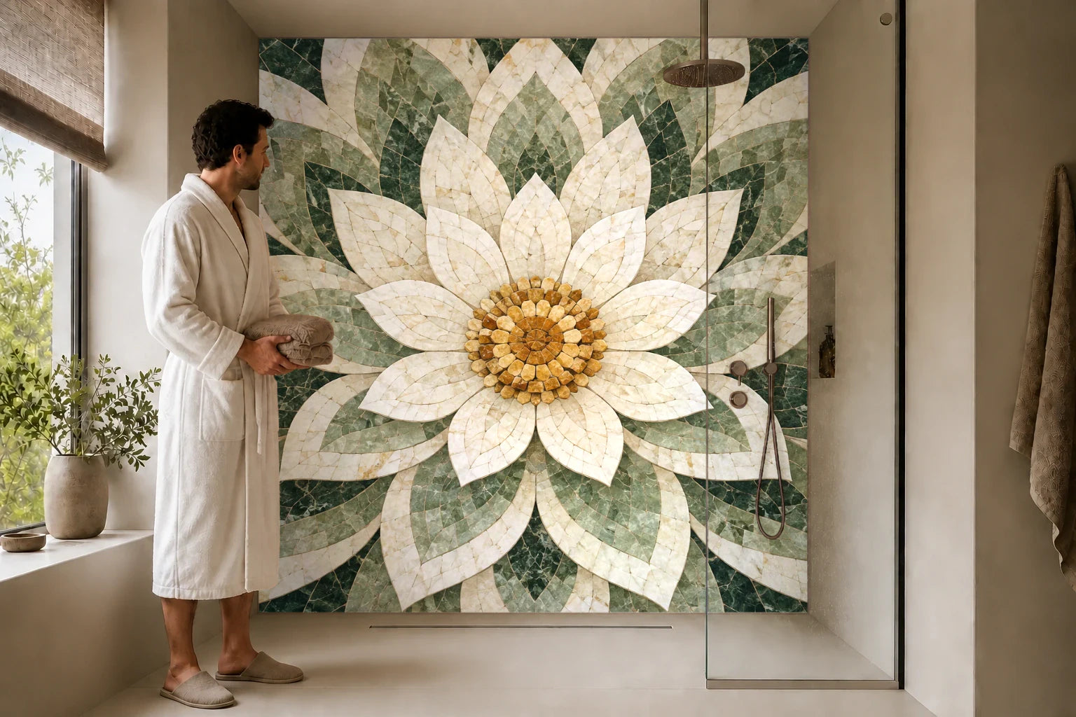 Duschrückwand „Lotusrosette aus Marmor – Mosaik“ in einer Dusche mit einem Mann im Bademantel
