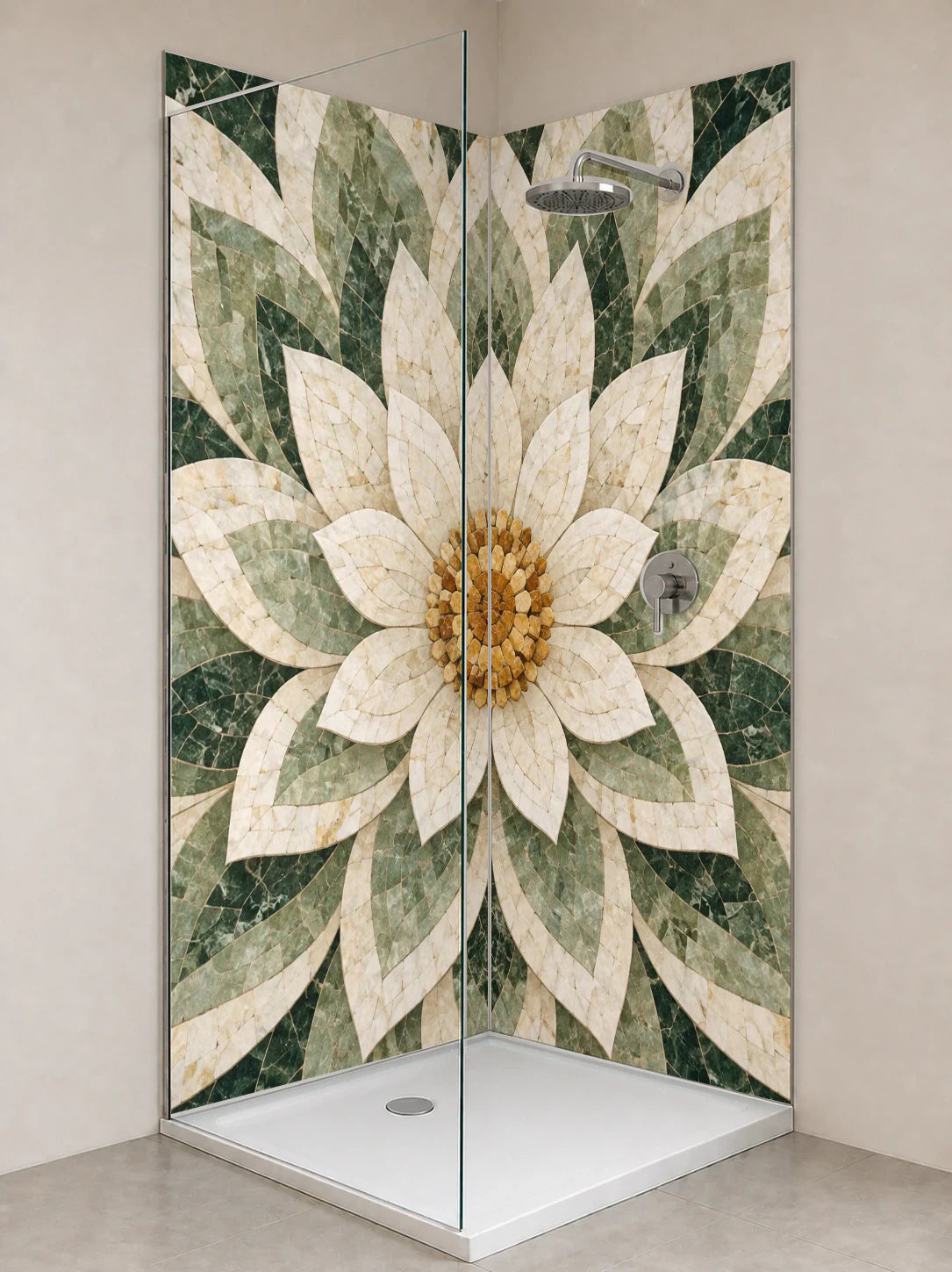 Duschrückwand „Lotusrosette aus Marmor – Mosaik“ als installierte Rückwand in einer hellen Dusche