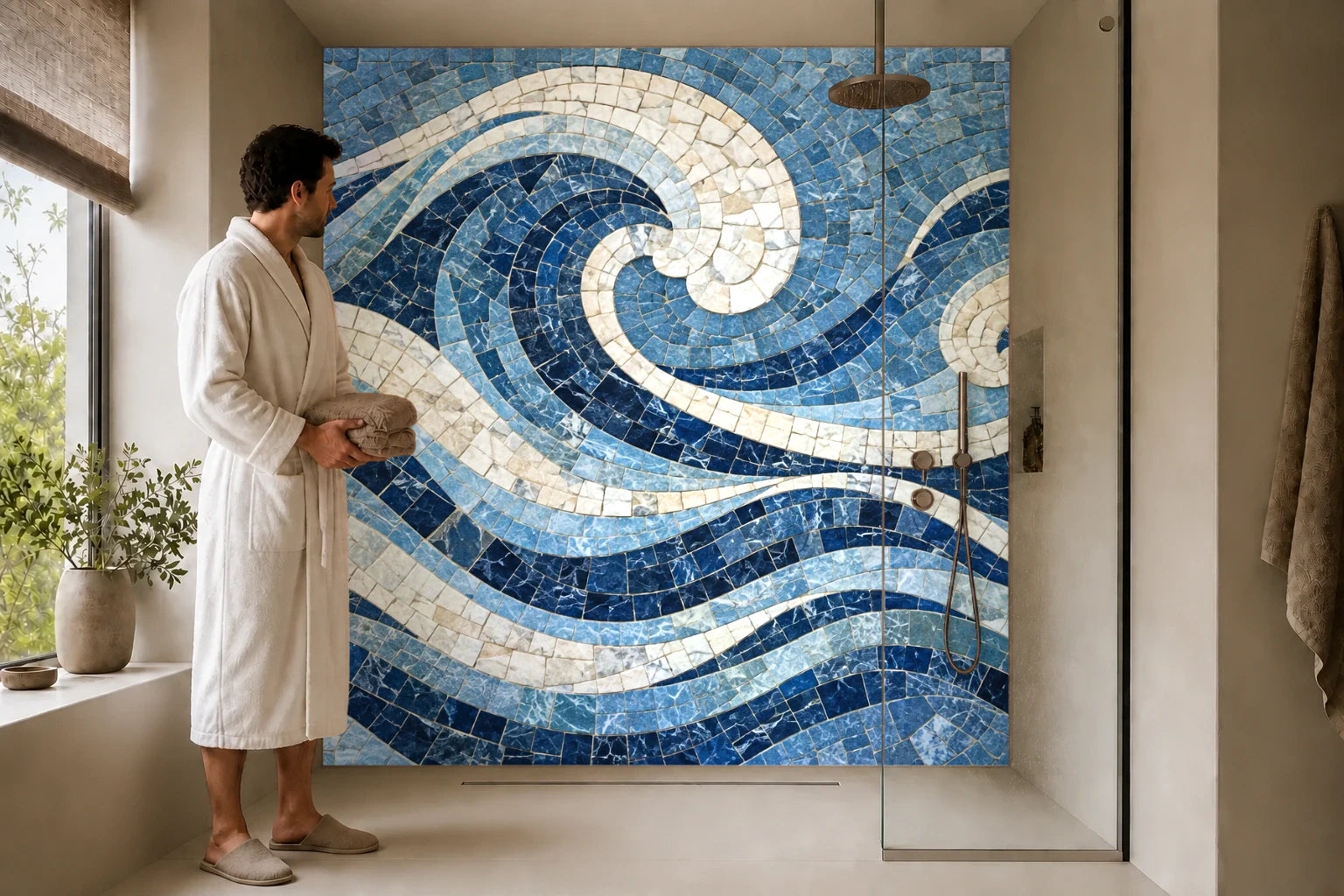 Duschrückwand „Wellenbänder aus Stein – Mosaik“ in einer Dusche mit einem Mann im Bademantel