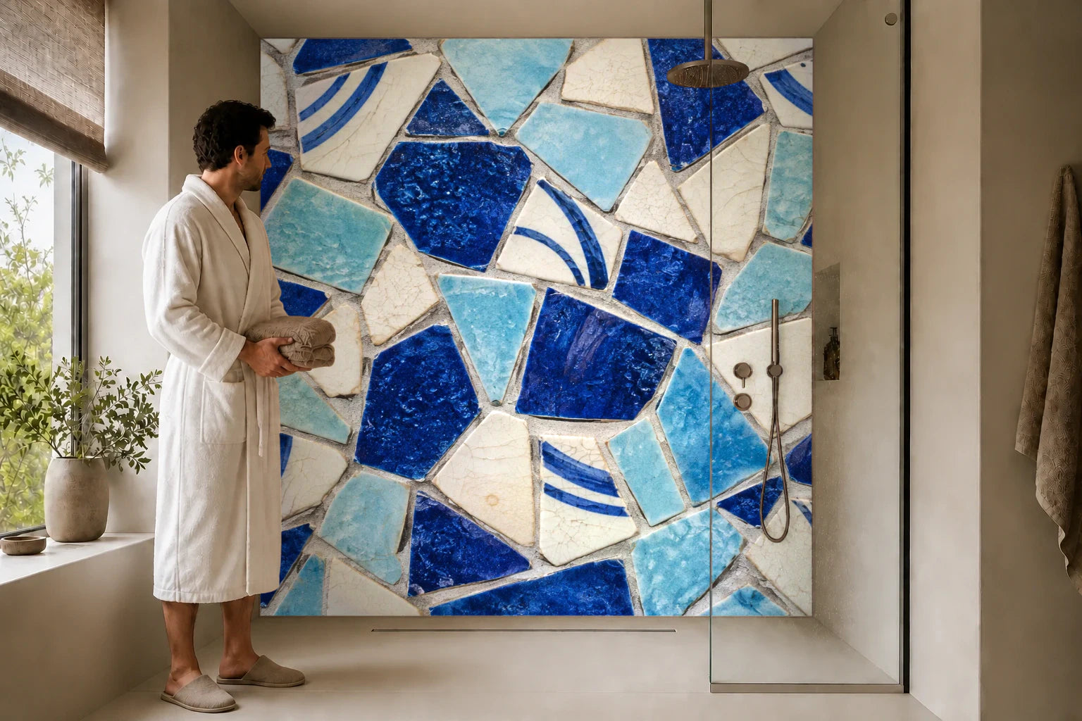 Duschrückwand „Keramikscherben in Blau und Creme – Mosaik“ in einer Dusche mit einem Mann im Bademantel