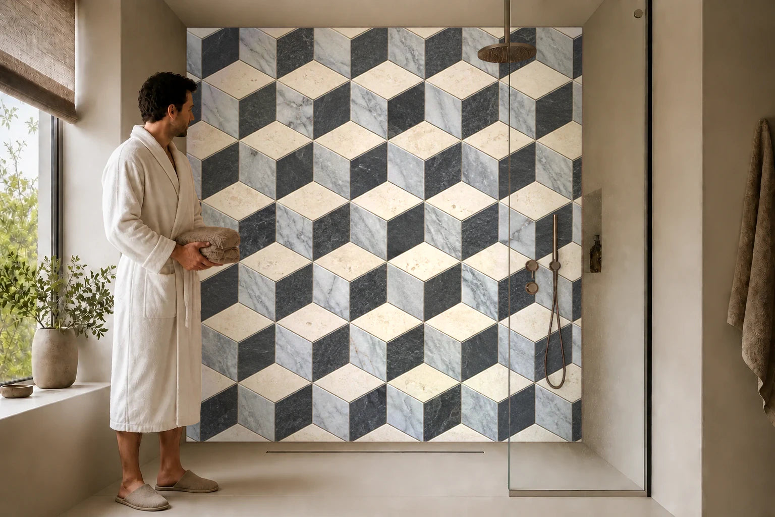 Duschrückwand „Würfelmosaik aus drei Steinen“ in einer Dusche mit einem Mann im Bademantel