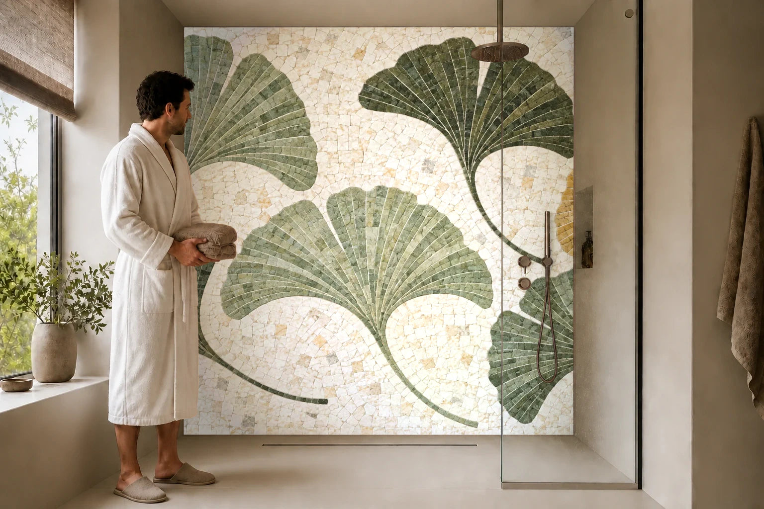 Duschrückwand „Ginkgoblätter im Steinmosaik“ in einer Dusche mit einem Mann im Bademantel