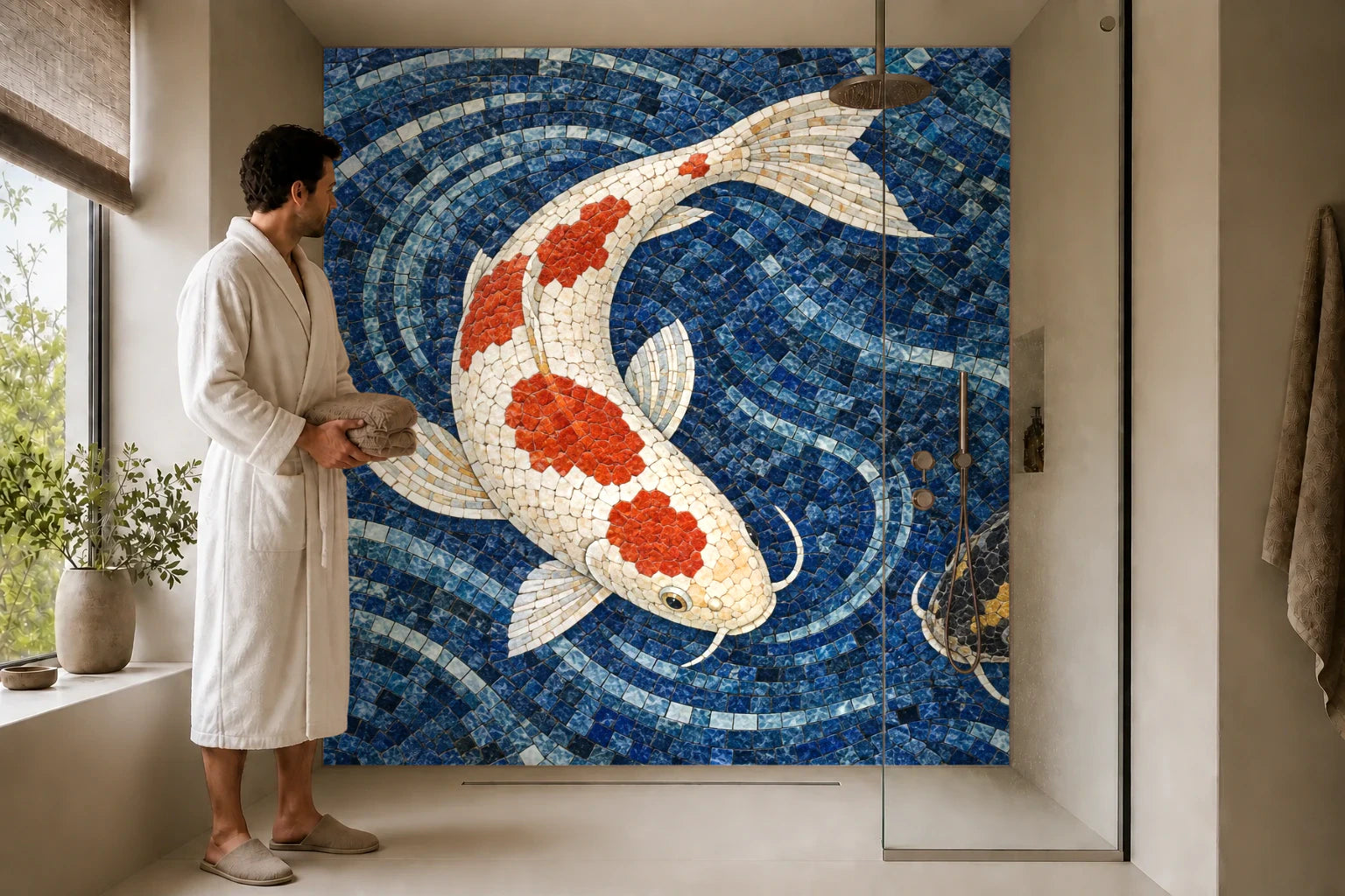 Duschrückwand „Kois im blauen Mosaikteich“ in einer Dusche mit einem Mann im Bademantel