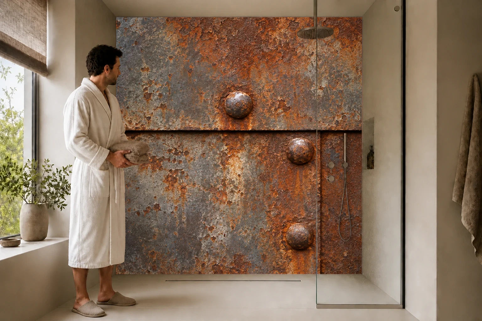 Duschrückwand „Genietete Stahlplatten“ in einer Dusche mit einem Mann im Bademantel