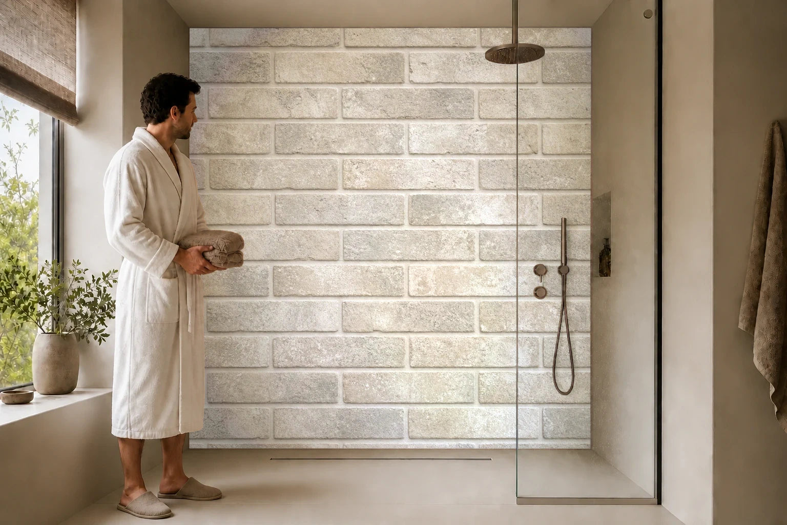 Duschrückwand „Kalkweißer Klinkerrhythmus“ in einer Dusche mit einem Mann im Bademantel
