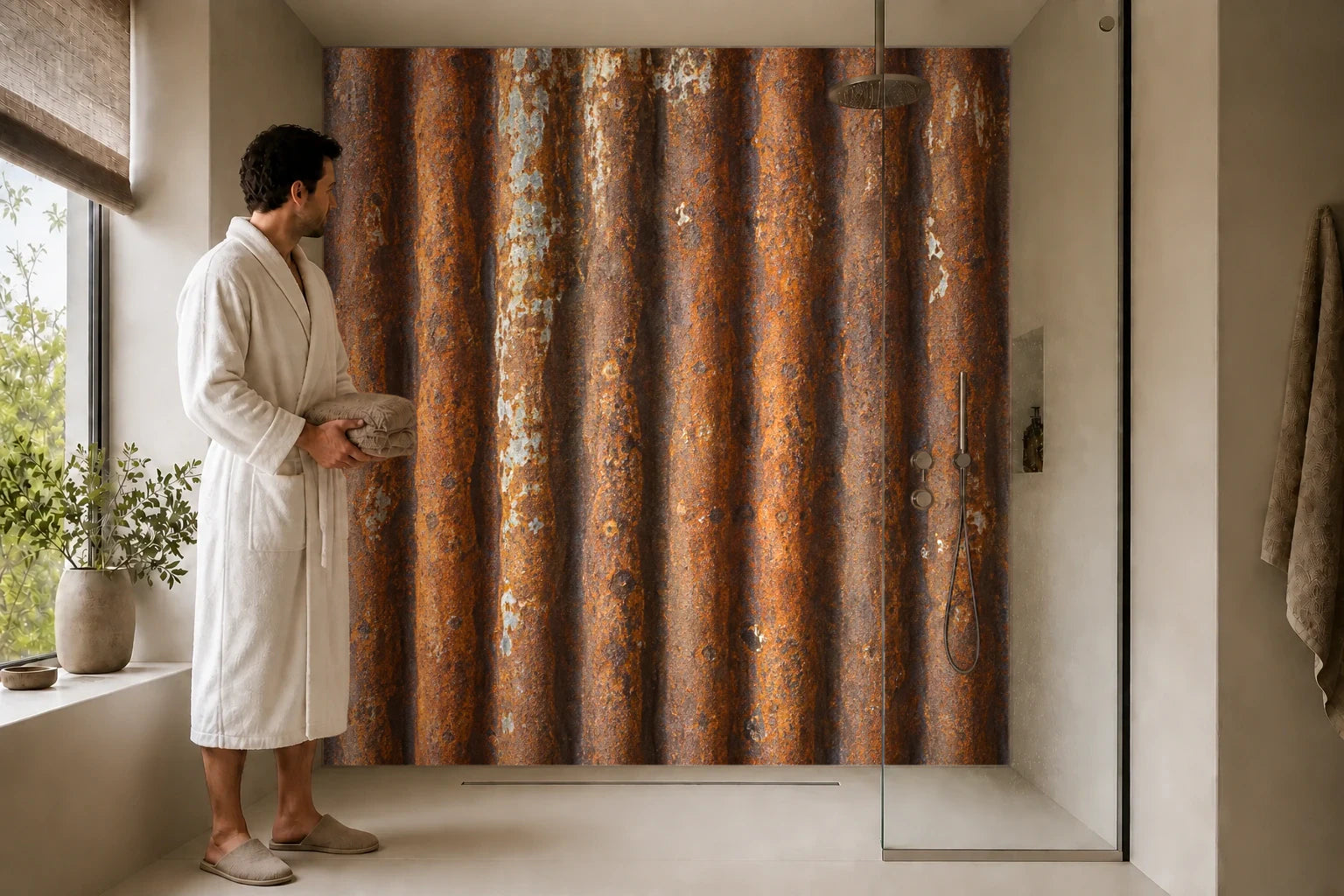 Duschrückwand „Rostiges Wellblech“ in einer Dusche mit einem Mann im Bademantel