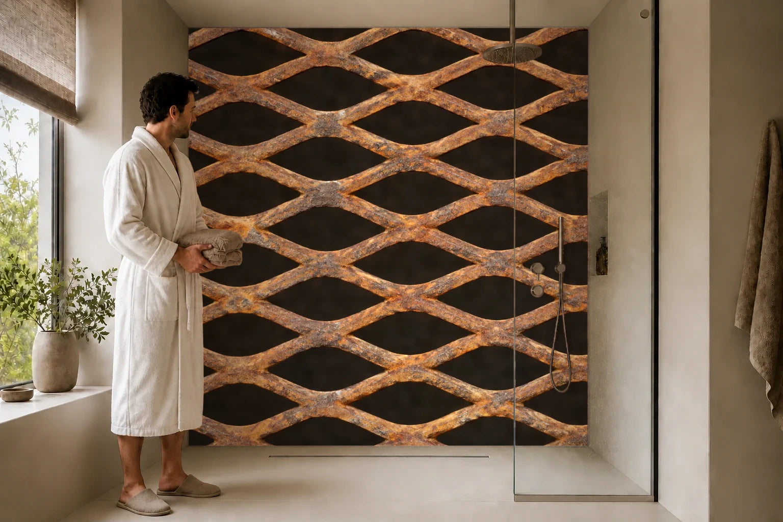 Duschrückwand „Streckmetall mit Rostpatina“ in einer Dusche mit einem Mann im Bademantel