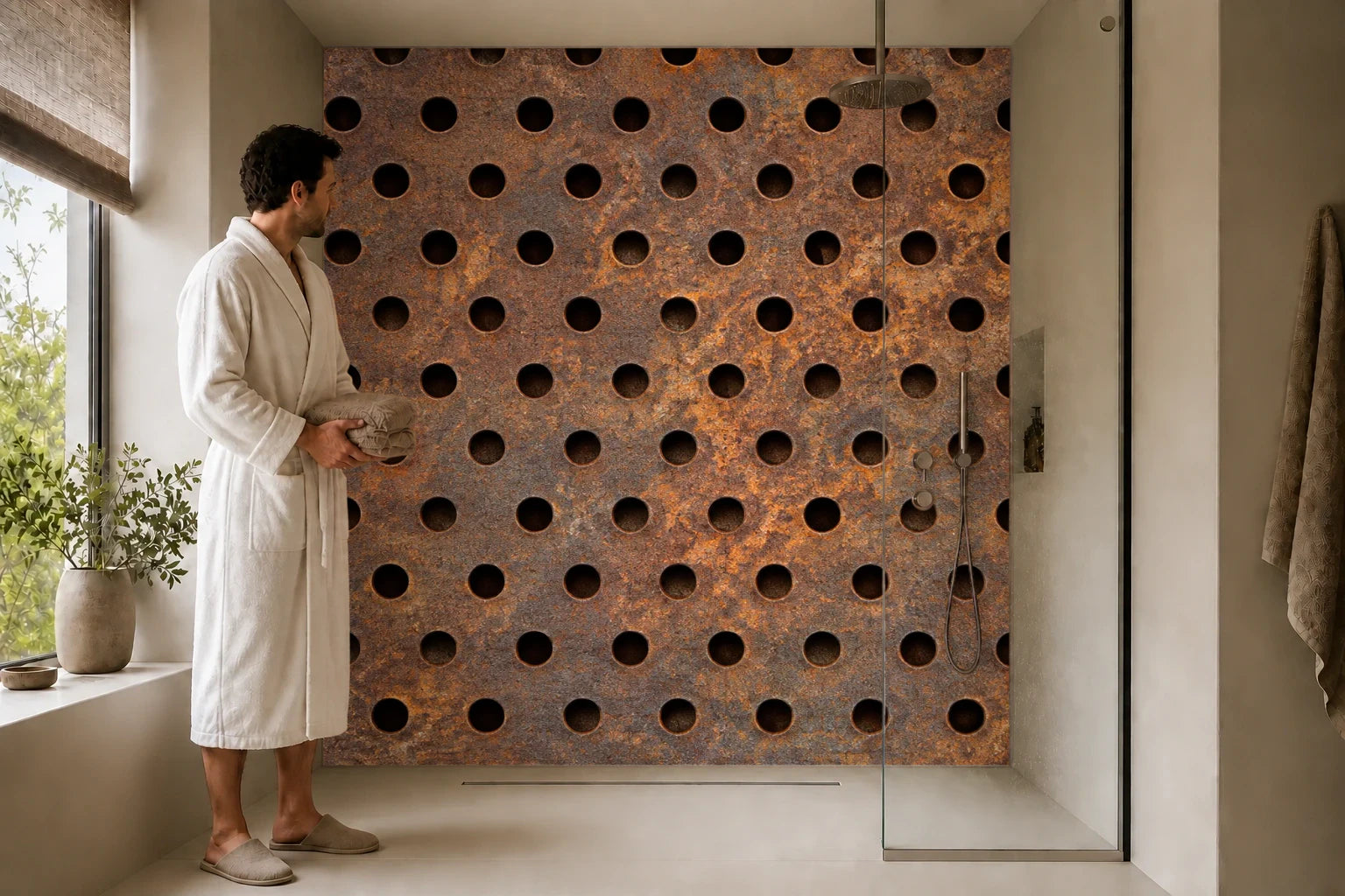 Duschrückwand „Rostiges Rundlochblech“ in einer Dusche mit einem Mann im Bademantel