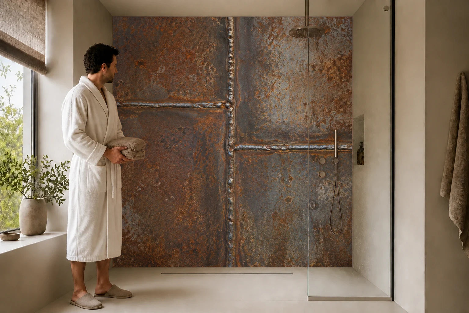 Duschrückwand „Schweißnähte im Roststahl“ in einer Dusche mit einem Mann im Bademantel