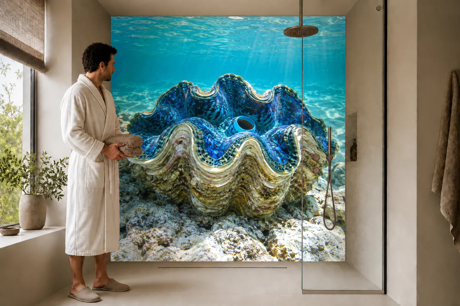 Duschrückwand „Riesenmuschel im blauen Licht“ in einer Dusche mit einem Mann im Bademantel