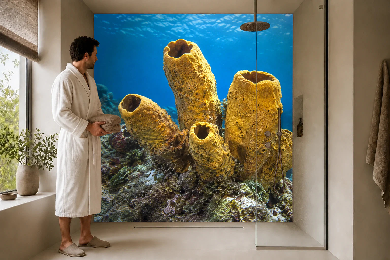 Duschrückwand „Goldene Röhrenschwämme“ in einer Dusche mit einem Mann im Bademantel